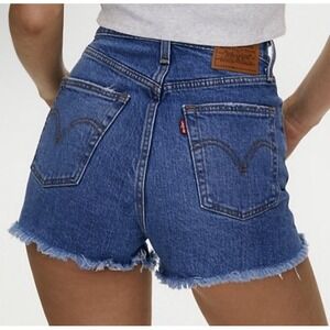 Levi's Ribcage High Waist Button Fly Distressed Medium Blue Denim Shorts Size 25